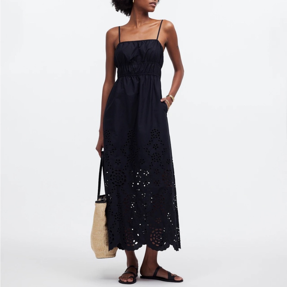 Madewell Embroidered Tank Midi Dress in Poplin in Black